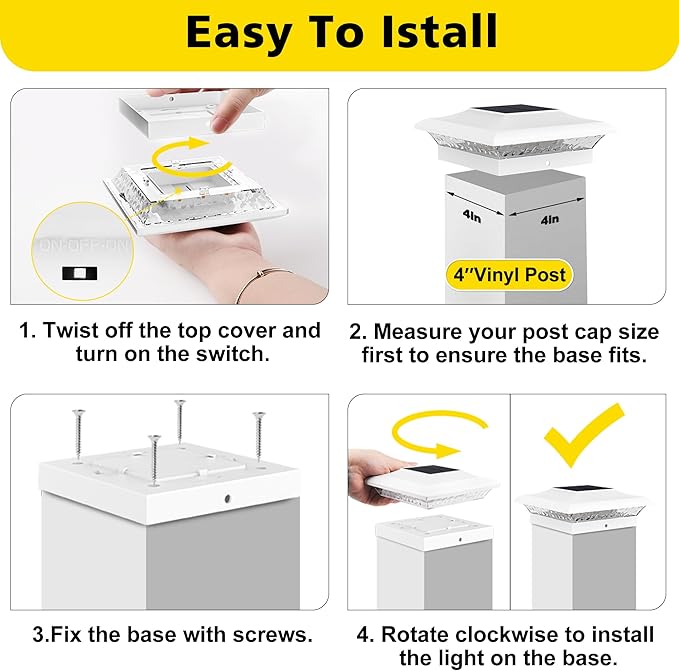 T-SUN 4x4 Solar Post Cap Lights Outdoor 24 Pack, Warm White LED Fence Post Solar Lights Fit for 4x4 Vinyl Posts, Waterproof Deck Light Solar Powered for Garden Patio Gate Porch