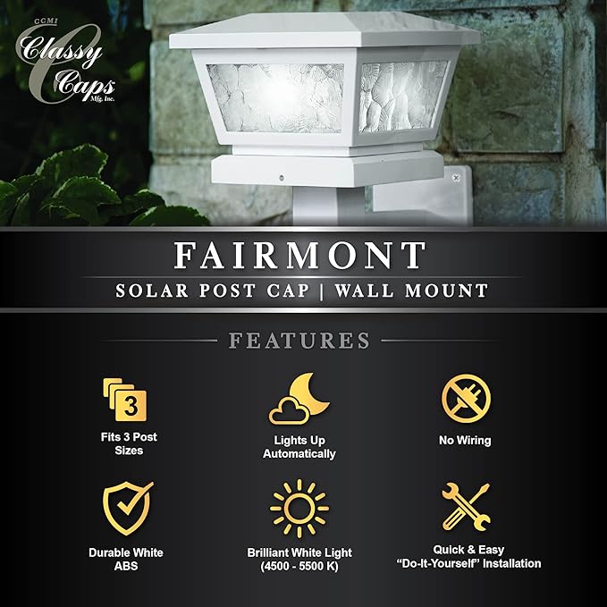 Classy Caps Fairmont Solar Post Cap, FS100W, White - High Performance, Energy Efficient, Weather-Resistant, Durable, Easy Installation, Adapters for 5"x5", 4"" x4, 3.5"x3.5" Posts, Wall/Post Mount
