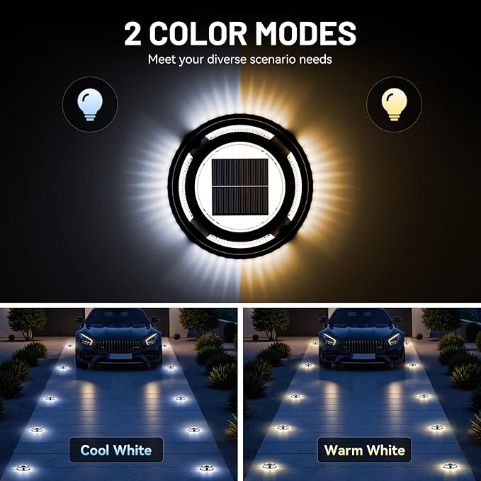Solar Driveway Lights, 2 Pack Heavy Duty Driveway Lights Solar Powered 2 Color Mode (Cool/Warm White) IP68 Waterproof Outdoor Solar Deck Lights with Ground Stake for Pathway Garden Yard Walkway Dock