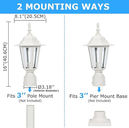 LIT-PaTH 16 Inch Outdoor Lamp Post Light Fixture, Exterior Pole Lantern with Clear Glass, Hardwired Aluminum Post Lighting for Driveway Garden Yard, White, 2-Pack