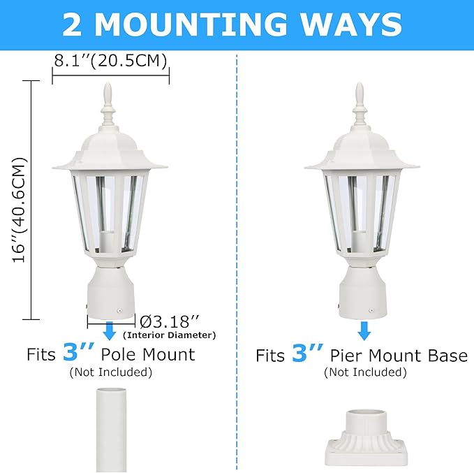 LIT-PaTH 16 Inch Outdoor Lamp Post Light Fixture, Exterior Pole Lantern with Clear Glass, Hardwired Aluminum Post Lighting for Driveway Garden Yard, White, 1-Pack