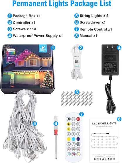 Permanent Outdoor Lights 250FT RGBIC LED Smart LED Lights, App/Remote Control IP68 Waterproof for Holiday Decor, 50 Scene Modes, DIY Lights Color Lighting Timing for Christmas Halloween Party