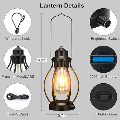 pearlstar Rechargeable Battery Operated Lantern 2 Pack Black Vintage Portable LED Decorative Camping Lamps Outdoor & Indoor, Dimming Warm Light with Timer, for Table Patio Garden Yard Pathway Porch