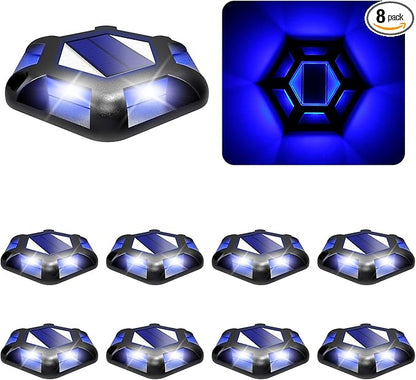 Solar Dock Lights Driveway Deck Lights - 8 Packs Waterproof 1200mAh Outdoor LED Aluminum Dock Lighting Warning Step Light for Driveway Sidewalk Garden Pathway Yard (Blue)