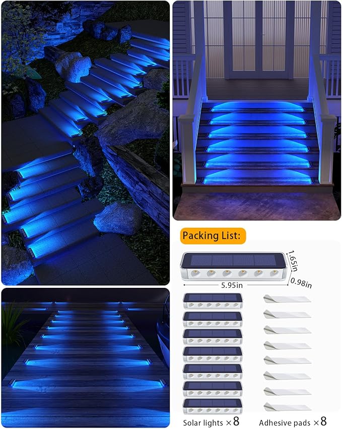 Blue Solar Lights for Outside,8 Pack Solar Deck Lights Outdoor Waterproof LED,Blue Step Light for Outside,Dock Light Solar Powered Waterproof for Deck,Steps,Dock,Driveway,Stair,Path
