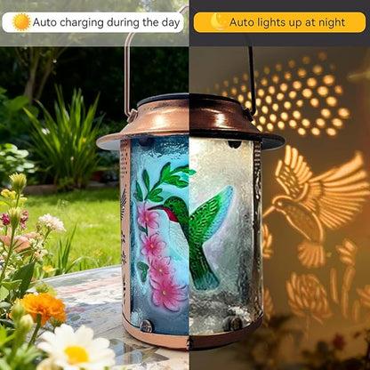 10" H Hummingbird Solar Lanterns Outdoor, Metal Glass Hanging Solar Lamp with Hollow Out Retro Hummingbird Lights, Decorative for Garden Yard Patio Pathway Tabletop Gifts