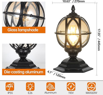 Outdoor Post Caps Lights Fixture Exterior Post Mount Column Lights IP55 Waterproof Pillar Lamps Fence Deck Caps Lanterns With Globe Amber Glass Landscape Lighting Yard Porch Gate Bollard Pedestal Lamp