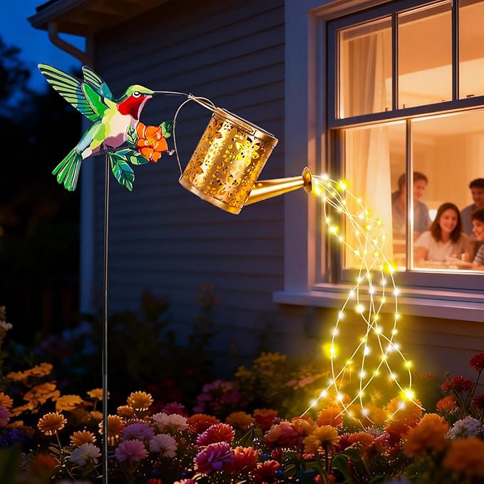 Solar Watering Can with Cascading Lights Outdoor Garden Decor 2026 New Hummingbird Shaped Solar Lights Outdoor Waterproof Solar Garden Lights Yard Decorations Outdoor for Mom Family Holidays Gift