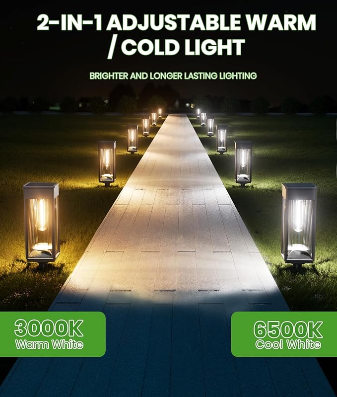 Solar Lights Outdoor, 2-in-1 Warm&Cool, 2 Pack Bright Solar Pathway Lights Waterproof IP65, Long Lasting Solar Path Light for Yard, Patio, Lawn, Garden, Landscape Decoration Lighting