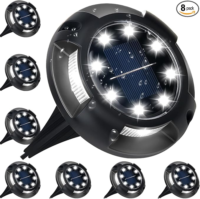 Solar Ground Lights, 8 Pack 12 LED Solar Disk Lights Outdoor Waterproof In-Ground Landscape Lighting for Garden Pathway Yard Lawn Patio Deck Driveway Walkway Outside Decor (Cold White)
