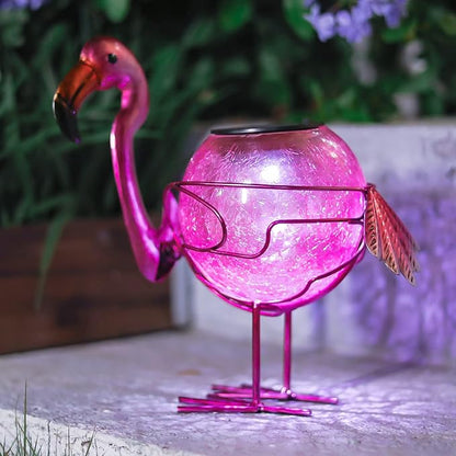 MUMTOP Flamingo Solar Light Outdoor Garden Decor, Solar Flamingo with Crackle Glass Globe Waterproof Tabletop Decorative Lights for Outside Patio Yard Decorations