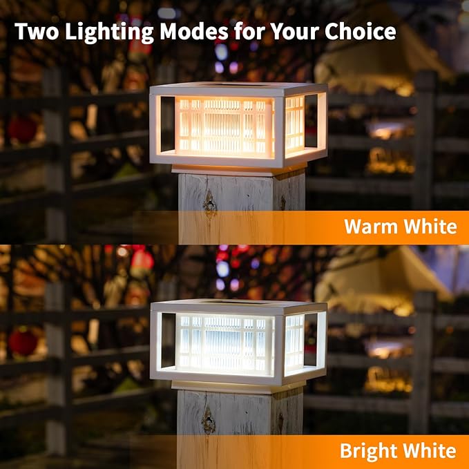 HUYIENO Solar Post Cap Lights Large Outdoor Deck Fence Post Lights 50Lumens Brightness Warm/Bright White Lighing Modes for 4x4 5x5 Vinyl Posts, 4x4 5x5 6x6 Wooden Posts (White, 2pk)