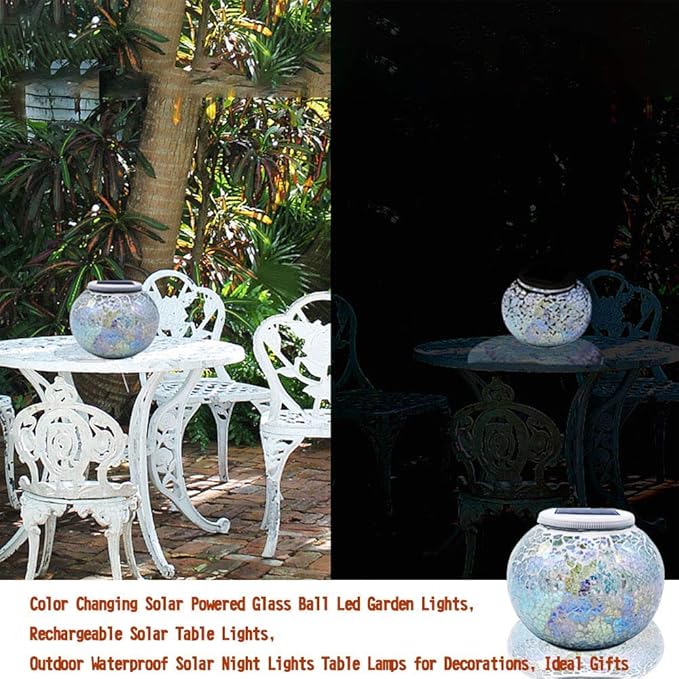 Solar Powered Color Changing Mosaic Crackle Glass Table Lamp - Waterproof LED Night Light for Bedroom, Yard, Patio, Halloween, Christmas Decorations (Crackle Glass, White)