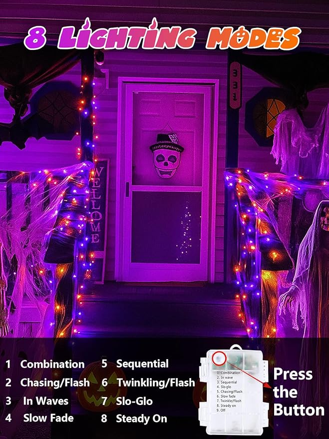 2-Pack 200 LED Halloween Twinkle Lights, 66ft Waterproof for Patio