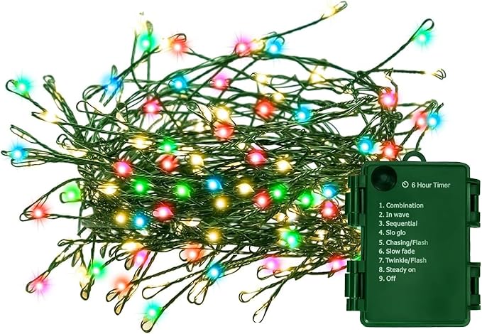 Battery Operated Christmas Lights, Waterproof Dark Green Copper Wire 20ft 200LED Fairy Light String Light for Garland, Wreath, Patio, Garden, Wedding, Party, Xmas,Multicolor