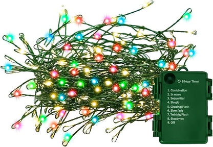 Battery Operated Christmas Lights, Waterproof Dark Green Copper Wire 20ft 200LED Fairy Light String Light for Garland, Wreath, Patio, Garden, Wedding, Party, Xmas,Multicolor