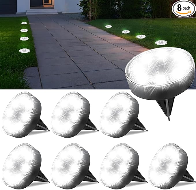 Ground Lights 8 Pack, IP68 Waterproof Solar Disc Lights for Outdoor, Flat Garden Light, In-Ground Light, Landscape Lighting for Pathway, Walkway, and Yard-8 Pcs (Cold White)