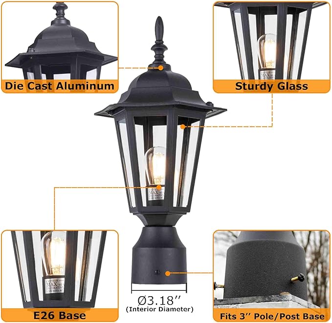 LIT-PaTH 16 Inch Outdoor Lamp Post Light Fixture, Exterior Pole Lantern with Clear Glass, Hardwired Aluminum Post Lighting for Driveway Garden Yard, Matte Black, 2-Pack