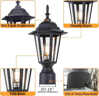 LIT-PaTH 16 Inch Outdoor Lamp Post Light Fixture, Exterior Pole Lantern with Clear Glass, Hardwired Aluminum Post Lighting for Driveway Garden Yard, Matte Black, 2-Pack