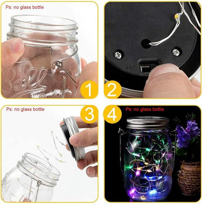Solar Mason Jar Lights 6 Pack 20 Led Fairy Firefly Lights Mason Jar Lids String Lights with Hanger (Jars Not Included) Best for Mason Jar Outdoor Decor for Patio Garden Yard Lawn (Silver)