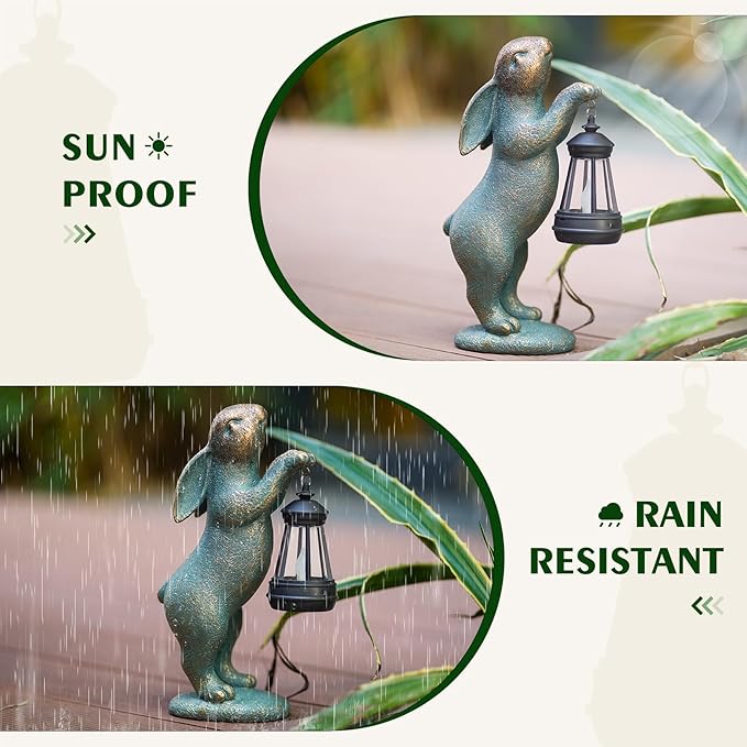 MININOVA Garden Statues Rabbit with Solar Lantern Resin Outdoor Bunny Figurines Decorations for Patio Yard Lawn Ornaments Gifts for Birthday Easter Housewarming