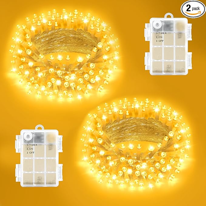 Christmas Lights Outdoor Battery Operated Total 100LED 33ft for Christmas Decorations 16.4Ft*2, 50LED*2 Waterproof Indoor with Timer for Christmas Decor, Warm White