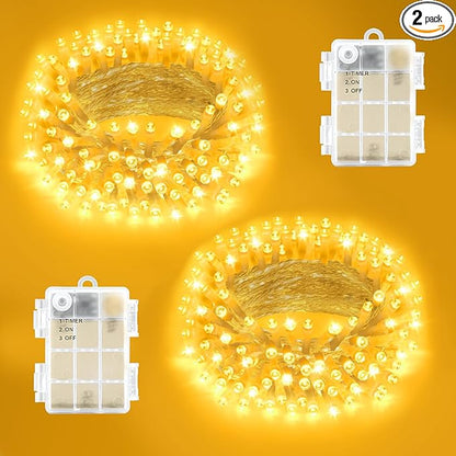 Christmas Lights Outdoor Battery Operated Total 100LED 33ft for Christmas Decorations 16.4Ft*2, 50LED*2 Waterproof Indoor with Timer for Christmas Decor, Warm White