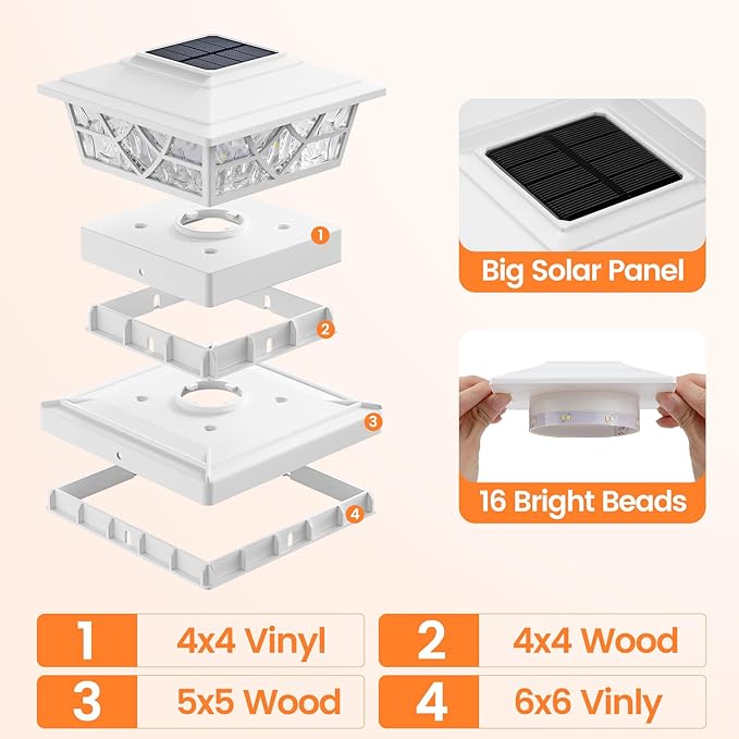 APONUO Solar Post Cap Lights 6 Pack for 4x4 5x5 6x6 Wood Vinyl Fences - Post Lights Solar Powered, IP64 Waterproof, Auto On/Off, for Deck Patio Yard (Warm & Cool White)