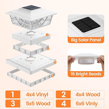 APONUO Solar Post Cap Lights 6 Pack for 4x4 5x5 6x6 Wood Vinyl Fences - Post Lights Solar Powered, IP64 Waterproof, Auto On/Off, for Deck Patio Yard (Warm & Cool White)