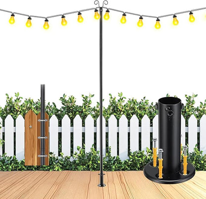 Heavy Duty Adjustable Light Pole for String Lights 1 Pack- 38mm Rust-Proof Metal Post with Deck & Fence Mount - Garden, Patio, Party Decor 10 FT