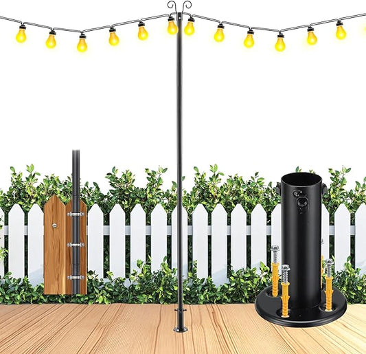 Heavy Duty Adjustable Light Pole for String Lights 1 Pack- 38mm Rust-Proof Metal Post with Deck & Fence Mount - Garden, Patio, Party Decor 10 FT
