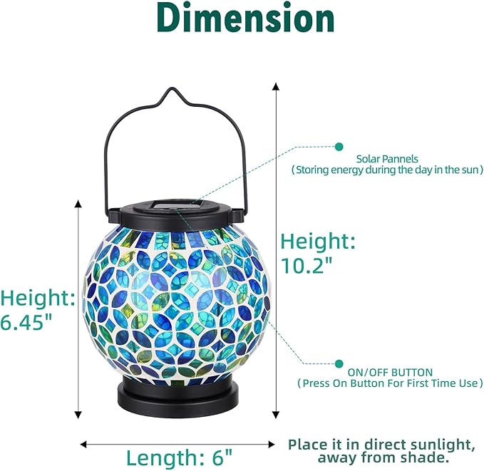 VOREEN Mosaic Solar Lanterns, Handmade Outdoor Glass Hanging Light, Waterproof Solar Table Lamp, Gift for Mom Wife Friend, Decor for Garden, Patio, Yard, Balcony, Green & Yellow, Leaves Pattern