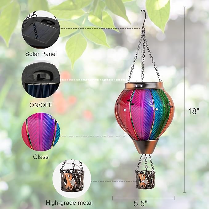 Larekook Rainbow Solar Hot Air Balloon Lantern with Flickering Flame Light,Glass Outdoor Garden Decor,Hot Air Balloon Solar Lantern Outdoor Waterproof Hanging Light for Yard Patio Porch Lawn