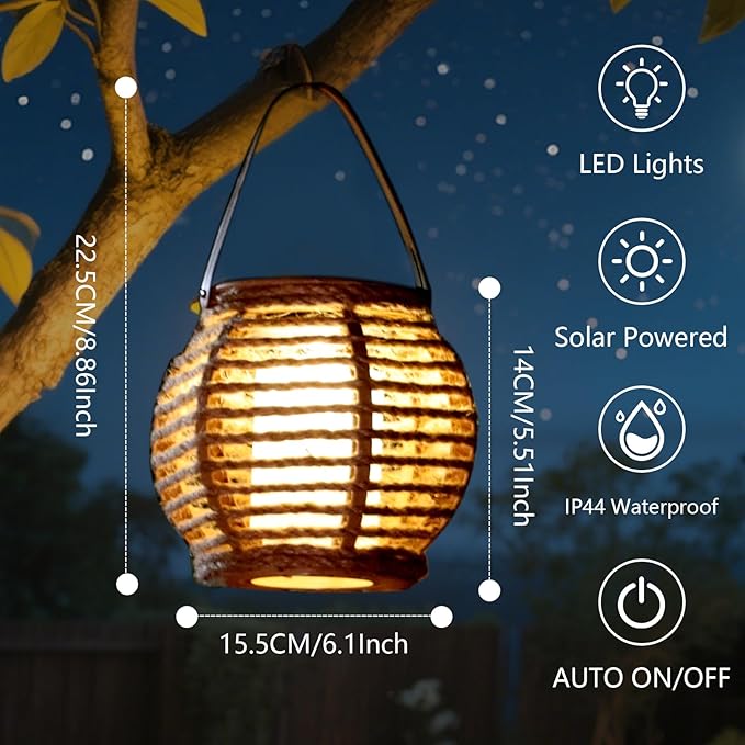 2 Pack Solar Lanterns Outdoor Waterproof, Imitation Candle Lantern in Bohemian Style for Garden, Backyard, Patio Decor, Birthday Gifts for Women Mom Grandma, Hanging Garden Lights for Outside