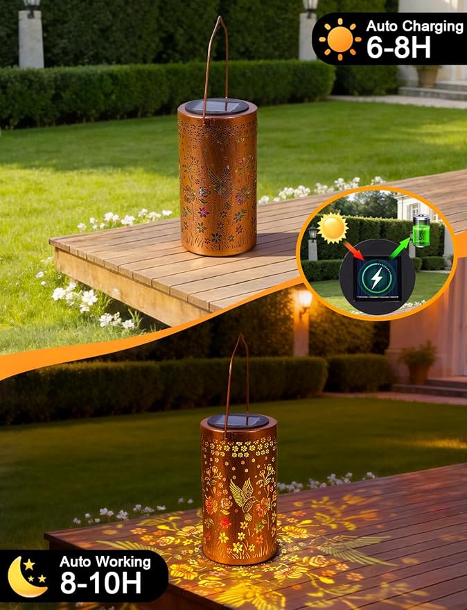 Hummingbird Solar Lanterns Outdoor Waterproof, Garden Decor Gifts for Mom Women Mother Grandma, Metal Lantern Garden Lights with Color Projection, Hanging Solar Lights for Yard Porch Patio