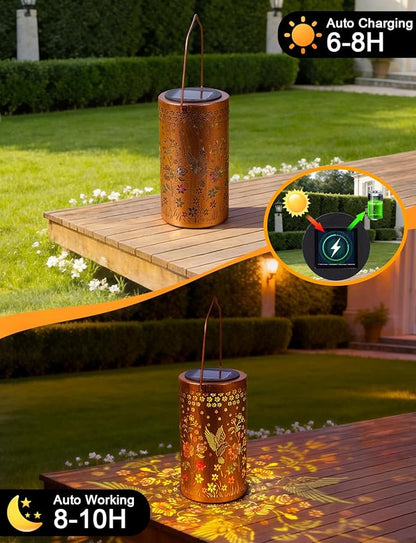 Hummingbird Solar Lanterns Outdoor Waterproof, Garden Decor Gifts for Mom Women Mother Grandma, Metal Lantern Garden Lights with Color Projection, Hanging Solar Lights for Yard Porch Patio