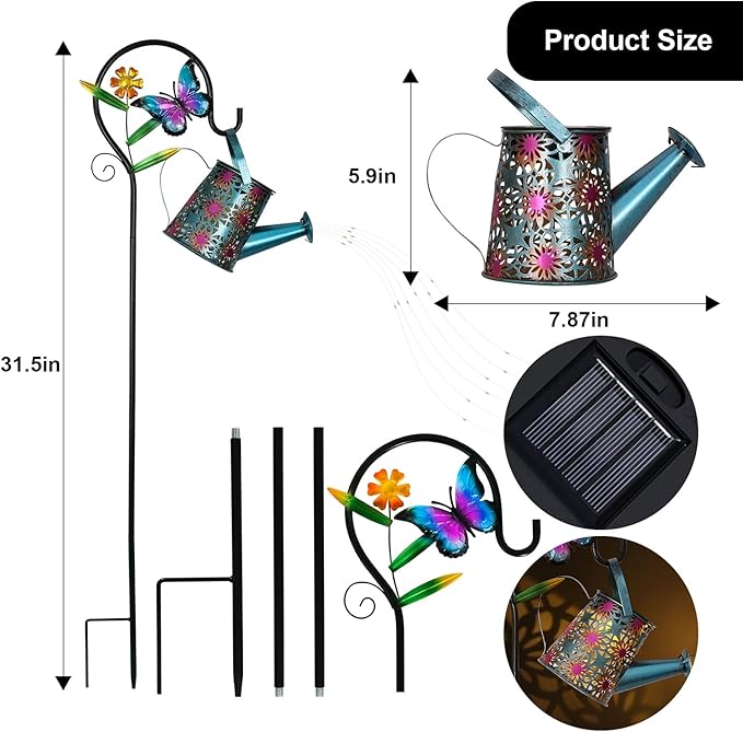 Solar Watering Can with Cascading Lights Outdoor Garden Decor,Waterproof Solar Lantern with Butterfly Shepherd Hook,Hanging Garden Lights for Outdoor Decoration,Unique Garden Gifts for Women