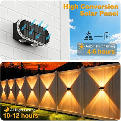 Solar Fence Lights Outdoor: Dual Focused LED Up Down Wall Lighting - IP65 Waterproof - 3000K/4000K/6000K 3 Modes 10-12H Lasting - Easy to Install for Porch Backyard 4 Pack