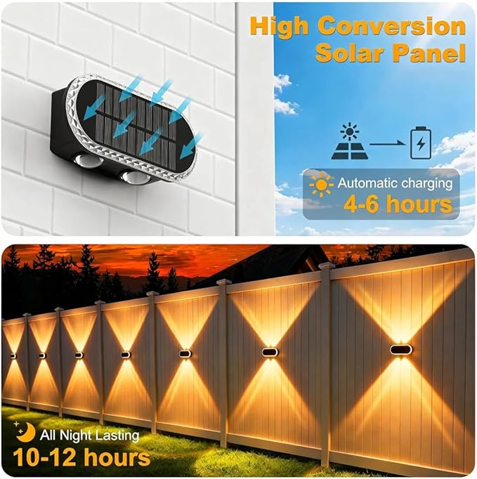 Fence Lights Solar Powered: Outdoor Wall Lighting IP65 Waterproof - Dual Focused LED Up Down - 3000K–6000K 3 Modes for Porch Backyard Patio - Diamond Crystal Cut Design 6 Pack