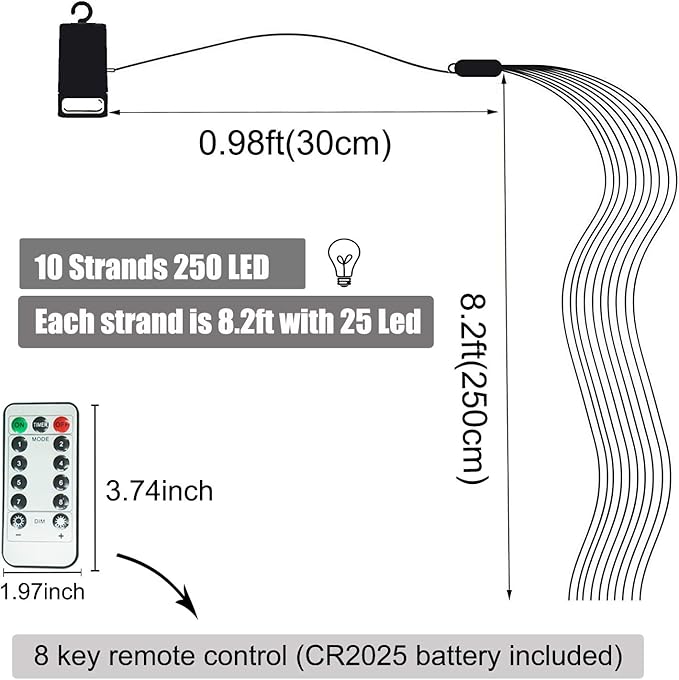 1Pack Waterproof Waterfall String Lights Decorative Twinkle Starry Lights,8 Modes with 10 Strands 250 LEDs Battery Operated Branch Lights with Remote Timer for Garden Outdoor