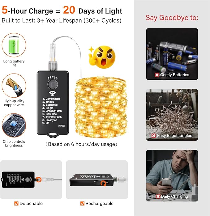 200 LED Christmas Twinkle Lights, 66ft Waterproof for Backyard