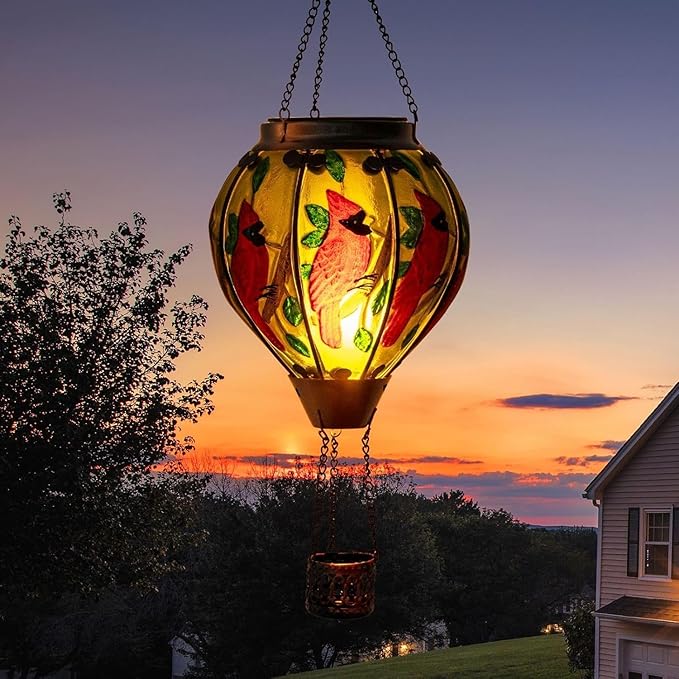Larekook Cardinal Hot Air Balloon Solar Lantern Outdoor Waterproof,Solar Hot Air Balloon Lantern with Flame Flickering Hanging Garden Light for Patio Porch Yard Lawn,Cardinal Gifts for Women