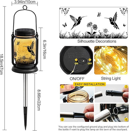 2 Pack Hummingbird Solar Lantern Outdoor Garden Decor,Birthday Gifts for Women Mom Grandma, Waterproof Hanging Vintage Glass Mason Jar Outside for Yard,Patio, Backyard,Porch,Tree, Pathway