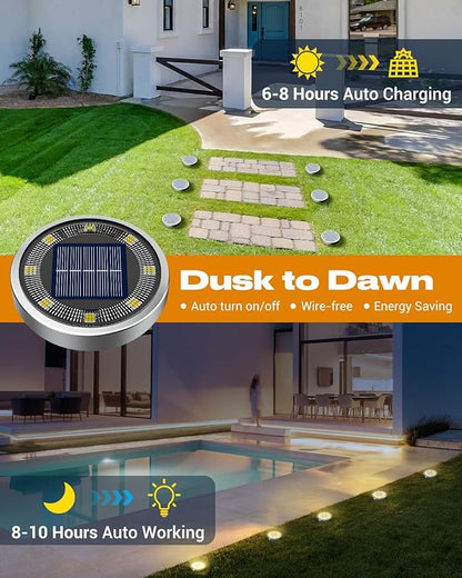btfarm 10 Pack Solar Ground Lights Outdoor, 8 LED Solar Disc Lights IP65 Waterproof Flat Solar Light, Pathway Lights Solar Powered for Garden Lawn Patio Yard Path Landscape, Warm White