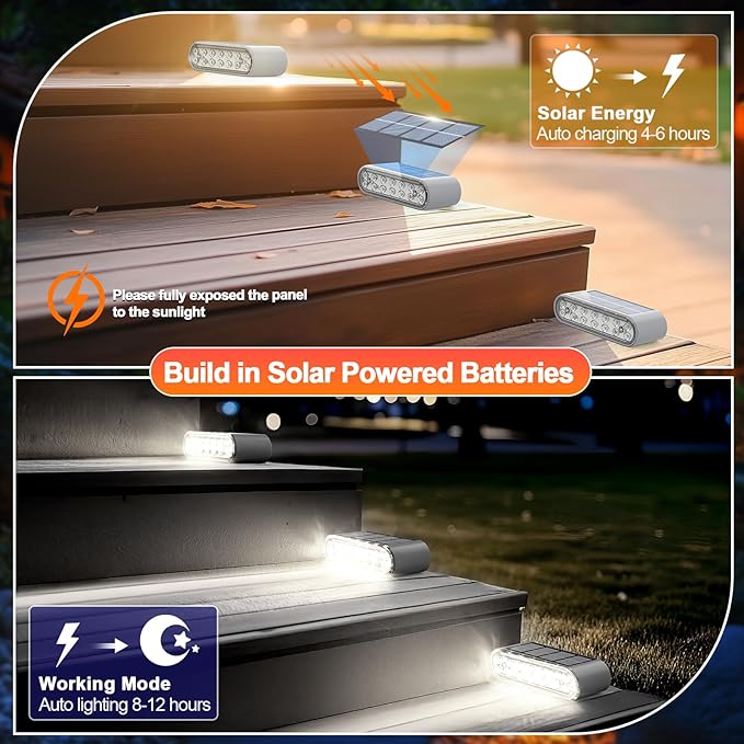 Solar Step Lights for Outside, 8-Pack Stair Light Outdoor Waterproof IP67, 14 LED Cool White Light Solar Powered Lighting for Steps, Stairs, Deck, Patio, Walkway, Front Porch Decor