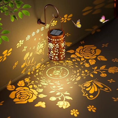 Solar Lanterns Outdoor Waterproof: 1 Pack Butterfly Rose Hollow Decorative Lantern with Handle - Warm & Cool Light Auto On/Off IP65 Waterproof - 10H Lighting Patio Decor Gift for Women