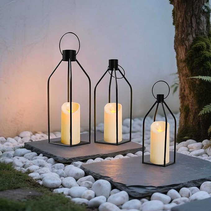 Set of 3 Decorative Lanterns (19"/16"/13") - Black Metal Indoor Outdoor Lanterns with Flickering LED Candles, Front Entrance Decor for Home Wedding Christmas