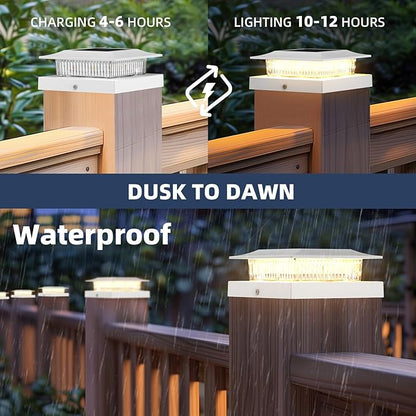 4x4 Solar Post Cap Lights 16 Pack, Fence Post Solar Lights with Warm White/Cool White, Only Fit 4x4 Wood/Vinyl Posts, Waterproof Outdoor Deck Post Light for Deck, Fence, Porch(White)