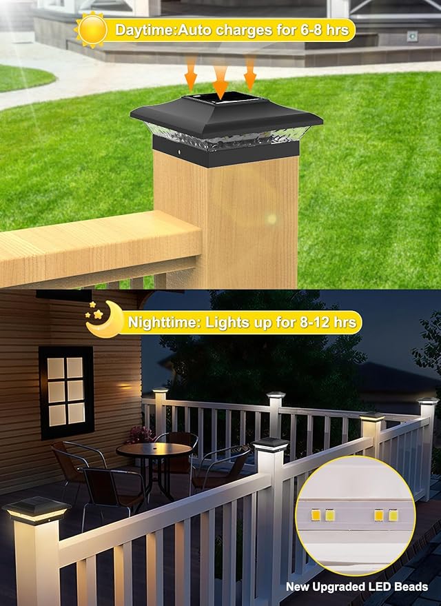 T-SUN 4x4 Fence Post Solar Lights Outdoor Waterproof - Auto Dusk to Dawn Solar Lighting for Deck, Vinyl/Wooden Posts | 12 Pack Weatherproof Warm & Cool White Patio Lights (Black)