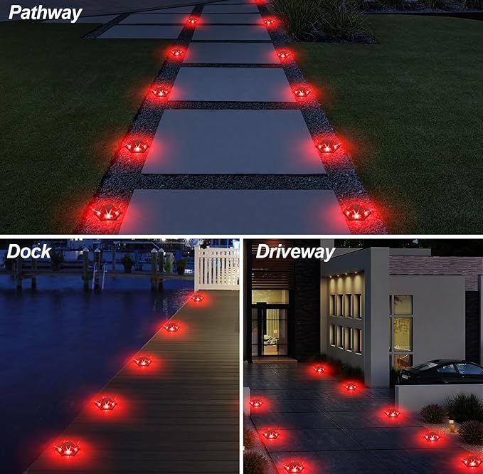12-Pack Red Solar Deck Lights, Outdoor LED